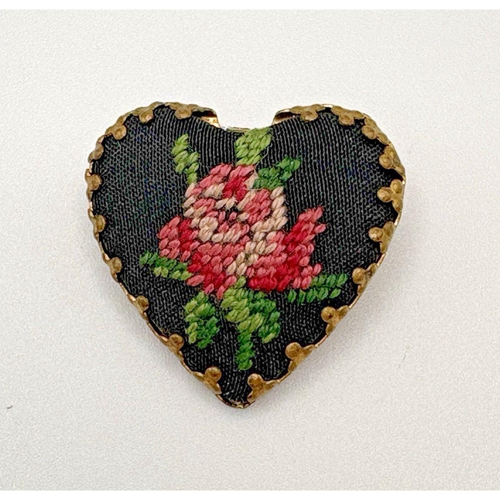 Vintage Petit Point Heart Brooch Flower Victorian Style Needlepoint